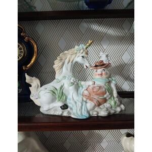 Unique Unicorn And Pig In Overalls Figurine Made in Taiwan